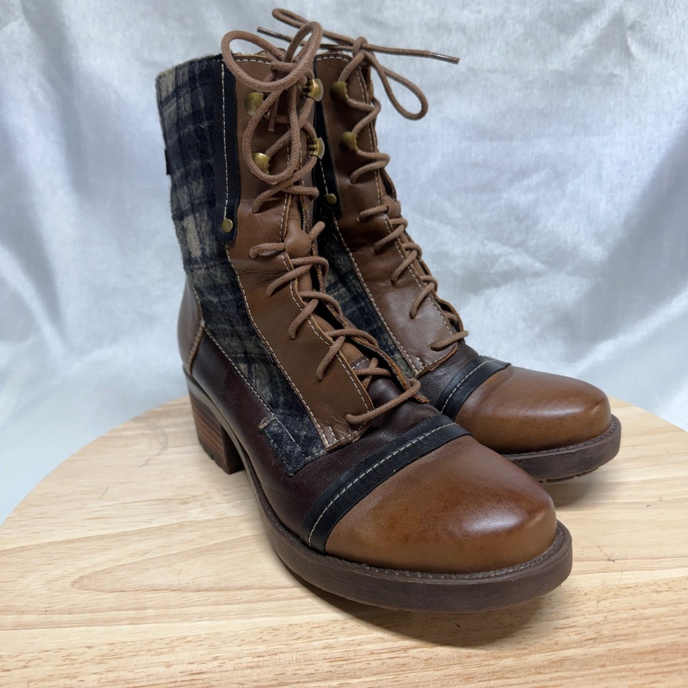 SPRING STEP Brown Plaid Leather Lace Up Zip Booties Size 38